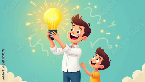 A young boy and his father joyfully holding a bright light bulb, symbolizing creative ideas, innovation, and intelligence. A moment of inspiration and learning.