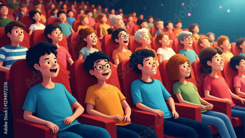 A group of children sitting in a movie theater, watching a film with excitement and joy, immersed in the cinematic experience.