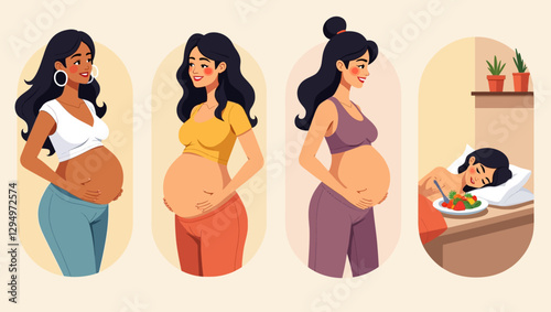 A diverse group of pregnant women following a healthy lifestyle, including proper nutrition, rest, and prenatal self-care.
