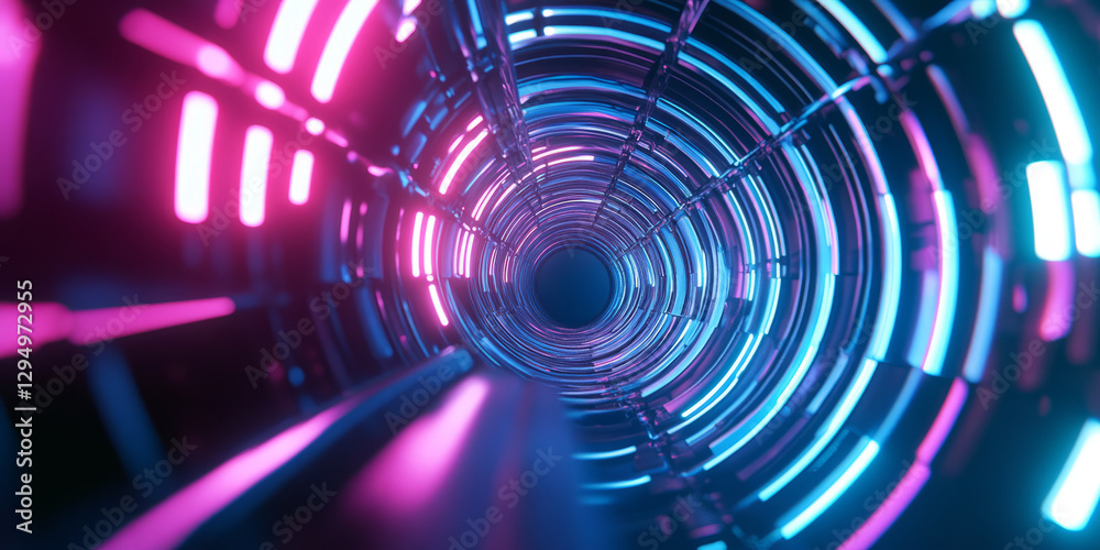 A surreal 3D abstract background featuring an infinite tunnel of rotating metallic rings, softly illuminated by glowing neon blue and magenta hues. The sense of depth and motion adds a futuristic A surreal 3D abstract background featuring an infinite tunnel of rotating metallic rings, softly illuminated by glowing neon blue and magenta hues. The sense of depth and motion adds a futuristic