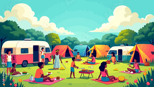 A vibrant camping area with families and friends enjoying a barbecue, playing games, and relaxing with their campervans in nature.