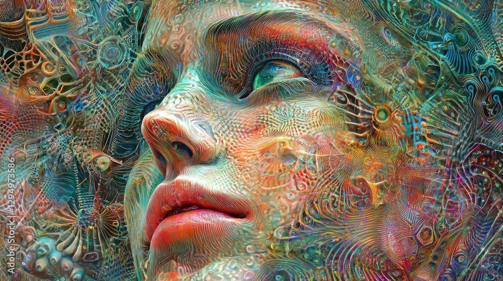 Abstract portrait of a woman's face with vibrant, swirling patterns. Abstract portrait of a woman's face with vibrant, swirling patterns.