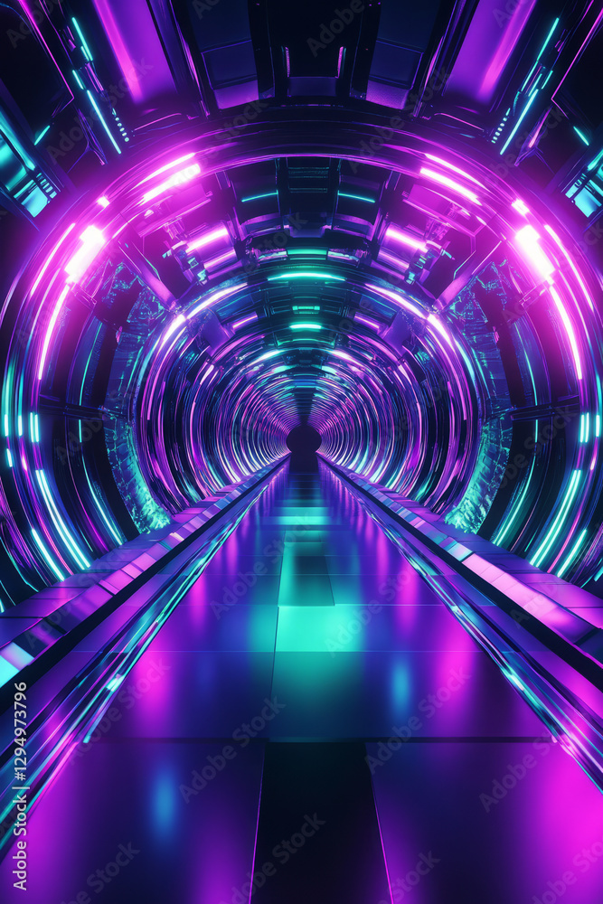A sleek 3D abstract background showcasing an infinite tunnel of luminous fractals, glowing in pulsating neon shades of cyan and purple. The seamless reflections and layered depth enhance the A sleek 3D abstract background showcasing an infinite tunnel of luminous fractals, glowing in pulsating neon shades of cyan and purple. The seamless reflections and layered depth enhance the