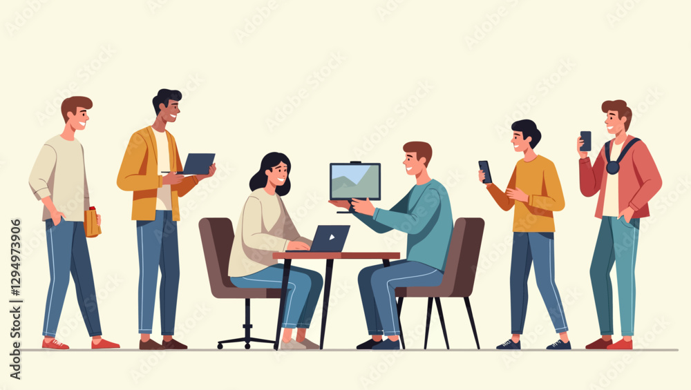 A diverse business team collaborating in an office. They are discussing data on a laptop, using smartphones, and brainstorming ideas. A diverse business team collaborating in an office. They are discussing data on a laptop, using smartphones, and brainstorming ideas.