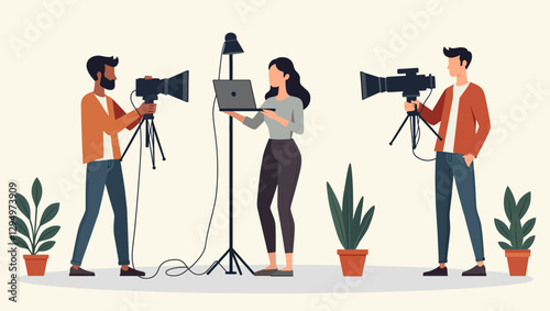 A professional film crew working on a video production set. Two cameramen and a director are setting up equipment and lighting.
