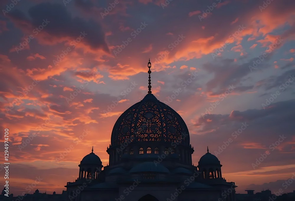 Fototapeta premium Mosque Silhouette: Intricate Dome at Sunset's Embrace