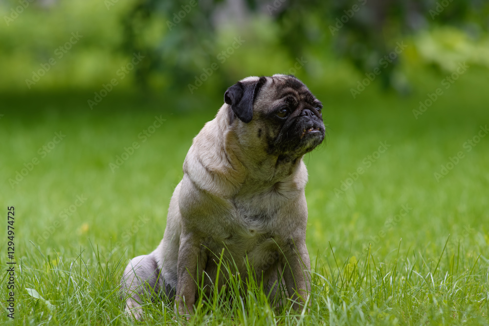 Charming pug enjoys a sunny day in the lush green park while exploring the surroundings Charming pug enjoys a sunny day in the lush green park while exploring the surroundings