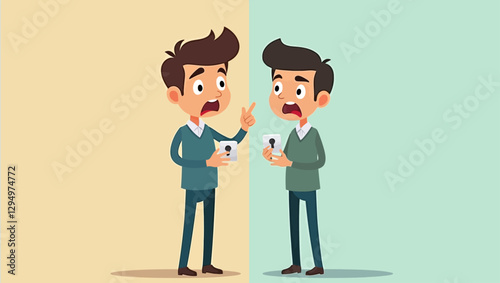 Two men arguing against a split yellow and green background, expressing disagreement and debate in communication.