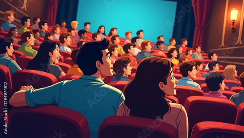 A lively cinema hall filled with an audience watching a movie. The big screen illuminates the dark theater, capturing the immersive experience.