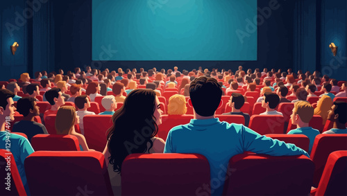 A full cinema hall with an audience watching a movie on a big screen. Perfect for entertainment, film industry, movie theaters, and leisure activities.
