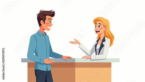 A cheerful customer receiving assistance at a service desk in a professional setting. Suitable for business service concepts, office reception, and corporate assistance themes.