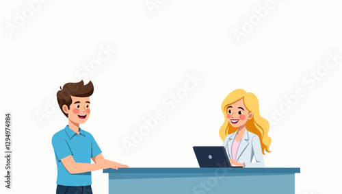 A professional interaction between a customer and a consultant at a reception desk. Ideal for customer service, healthcare consultations, business communication, and office assistance.