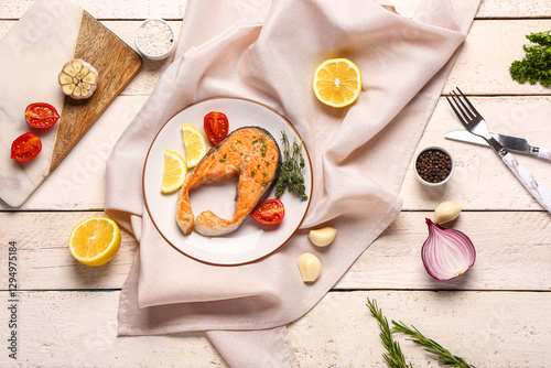 Plate of tasty salmon steak...