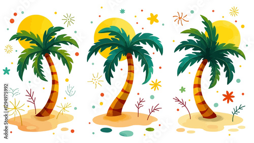 A set of tropical palm trees in a decorative, colorful style. Perfect for summer themes, vacation promotions, nature backgrounds, and exotic designs.