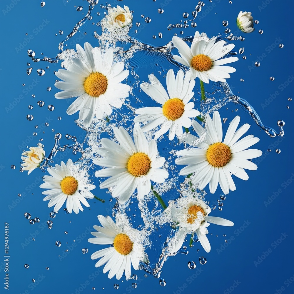Fresh white daisies with splashing water on a vibrant blue background Fresh white daisies with splashing water on a vibrant blue background