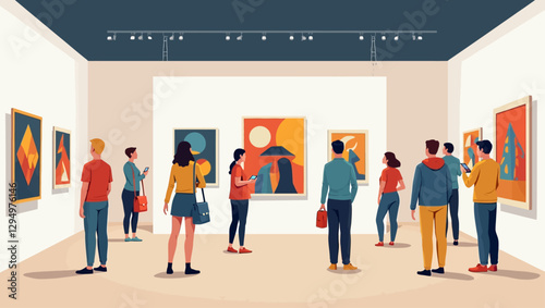 A group of people visiting a modern art gallery with abstract paintings on display. Ideal for creativity, cultural experiences, and artistic appreciation themes.