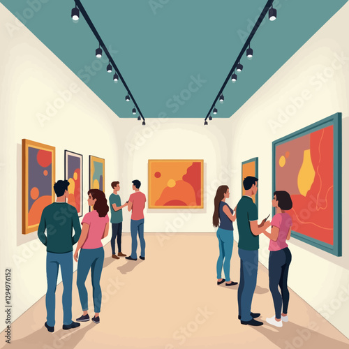 People interacting in a modern art gallery featuring abstract paintings. Great for artistic appreciation, cultural experiences, and creative industry themes.