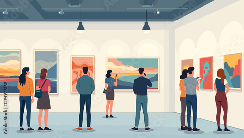 A group of people admiring landscape paintings in an art gallery. Perfect for themes related to fine arts, culture, and creative inspiration.