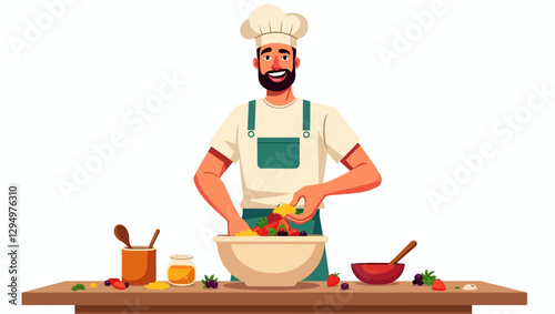 A professional chef happily preparing a fresh salad with various ingredients on a wooden table. Perfect for culinary arts, gourmet food, and restaurant business themes.