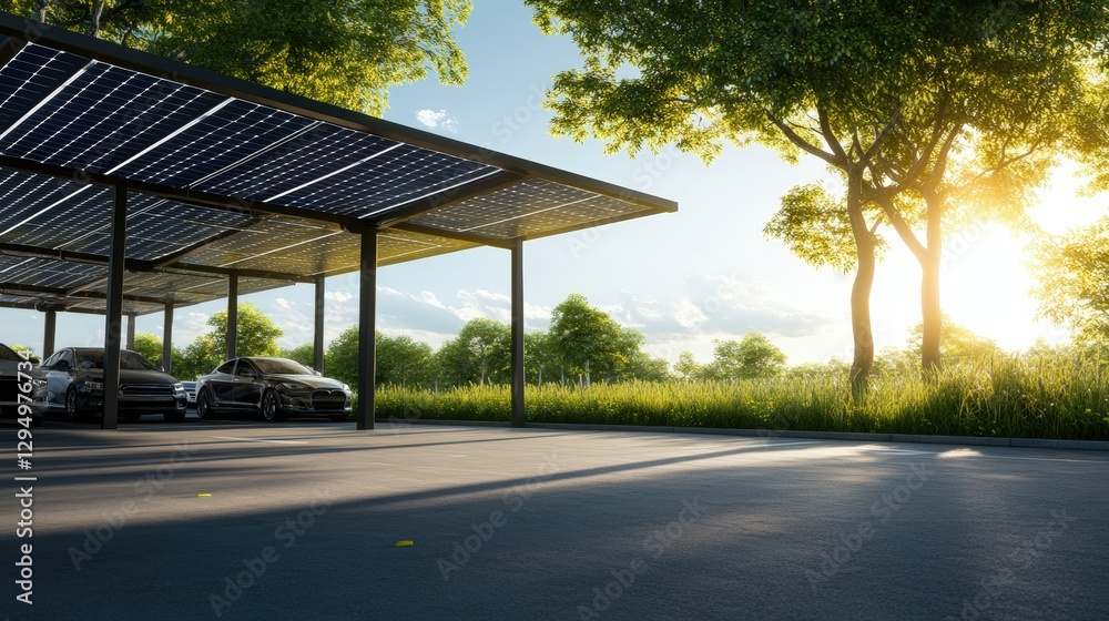 Naklejka premium Car parked under solar panel array with clear blue sky in background