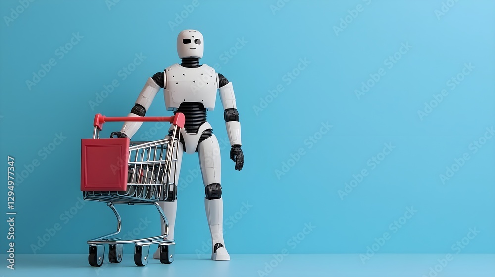 Naklejka premium Robot Pushing Shopping Cart - AI Technology and Retail Automation Concept