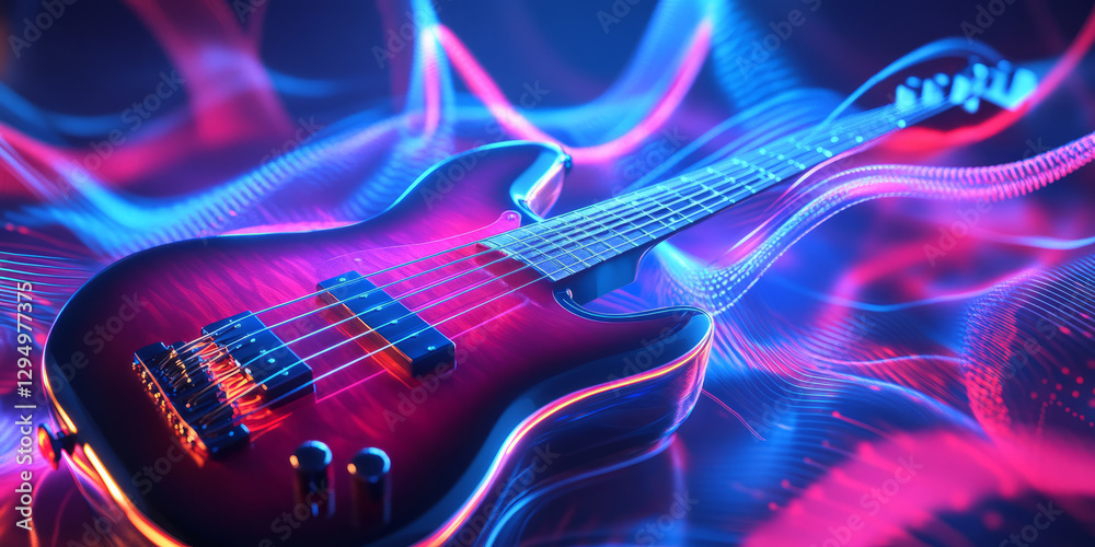 Obraz premium A surreal 3D music background displaying a glowing neon bass guitar, surrounded by swirling, pulsating sound waves. The dynamic energy of the abstract visualization creates an immersive representation