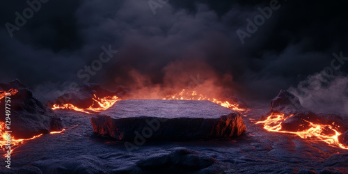 A volcanic eruption 3D background featuring a rocky podium surrounded by molten lava. The fiery atmosphere, glowing cracks in the ground, and plumes of smoke create an intense and dramatic visual
