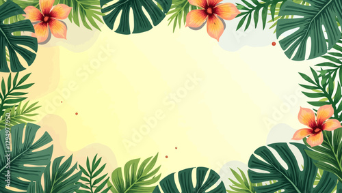 A tropical frame design decorated with leaves and flowers. Perfect for posters, social media designs, and summer-themed projects.