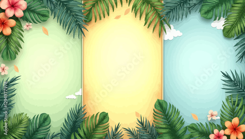 A tropical frame design decorated with leaves and flowers. Perfect for posters, social media designs, and summer-themed projects.
