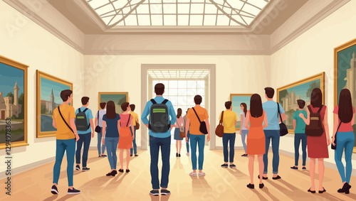 A group of visitors exploring an art gallery, admiring beautiful landscape paintings in a spacious exhibition hall with natural light.
