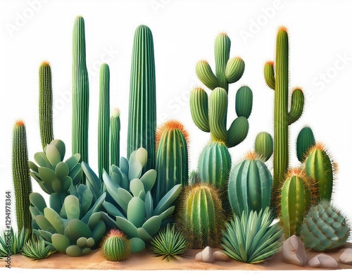 Tall green cactus plants in various sizes desert flora isolated 