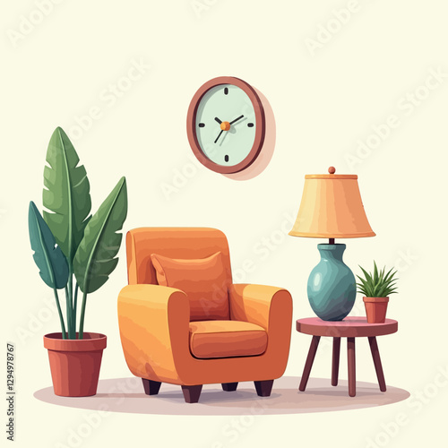 A cozy living room with a bright armchair, clock, lamp, and potted plants, perfect for home decor or interior design-themed projects.
