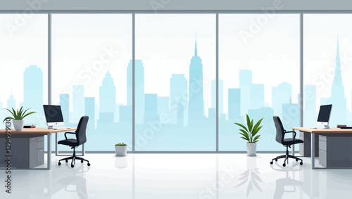A contemporary office space featuring large windows overlooking a city skyline, modern desks, ergonomic chairs, and minimalist decor.