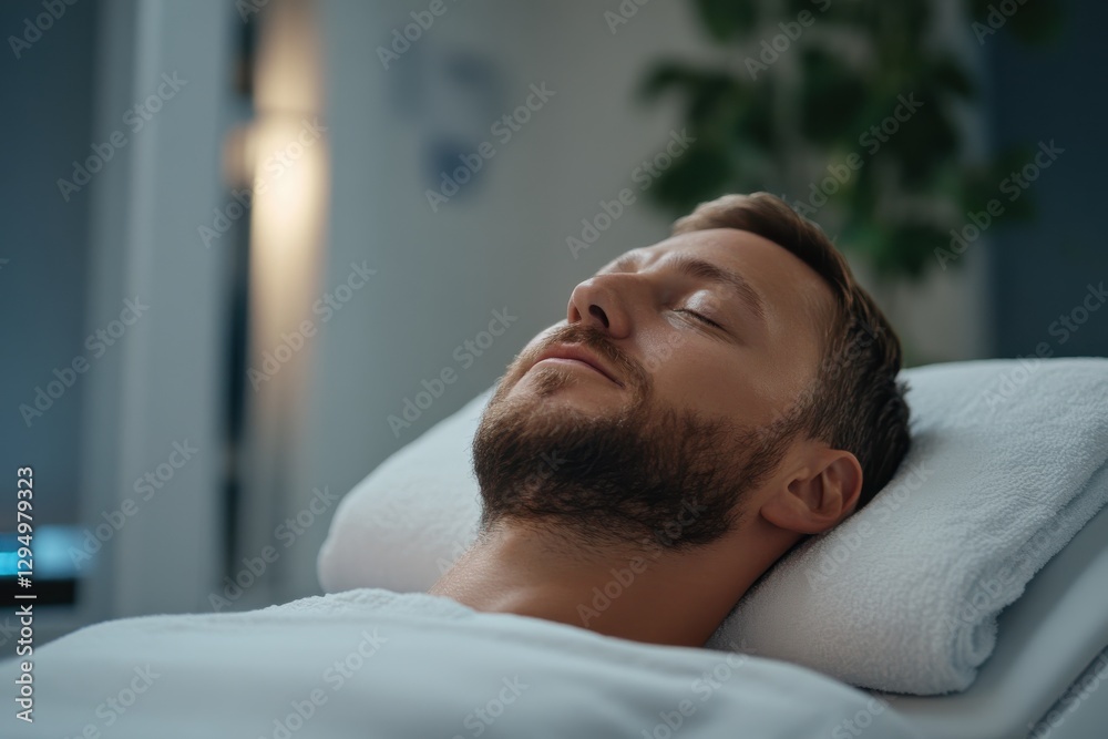 A man receiving a revitalizing facial treatment in a soothing environment, illustrating the connection between personal care, relaxation, and emotional well-being in modern spa settings.