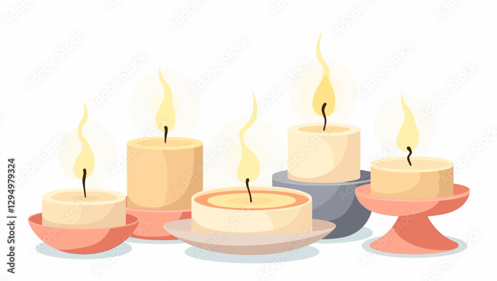 A collection of elegant decorative candles in various ceramic holders with warm lighting. Perfect for relaxation, home decor, and spa-themed illustrations. A collection of elegant decorative candles in various ceramic holders with warm lighting. Perfect for relaxation, home decor, and spa-themed illustrations.