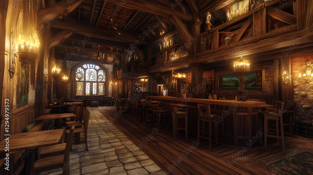 Interior view of cozy tavern is presented, atmosphere is inviting and relaxing with natural wood, ornate decorations, and warm lighting Interior view of cozy tavern is presented, atmosphere is inviting and relaxing with natural wood, ornate decorations, and warm lighting