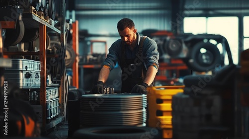 Focused and capable man efficiently managing car and truck spare parts in a well-organized industrial warehouse, exemplifying modern automotive expertise and diligence