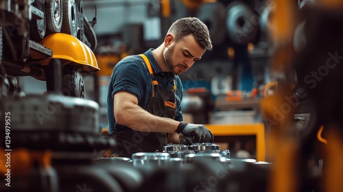 Focused and capable man efficiently managing car and truck spare parts in a well-organized industrial warehouse, exemplifying modern automotive expertise and diligence