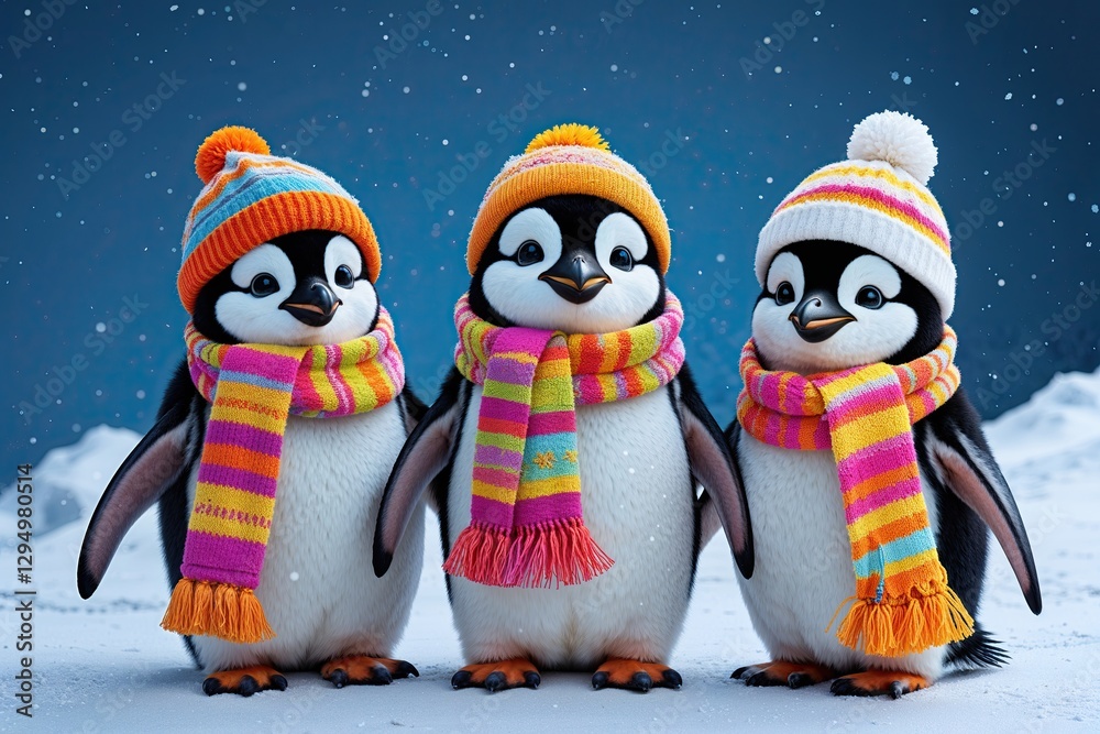 Fototapeta premium Three Cheerful Penguins in Bright Scarves and Winter Hats Against a Snowy Blue Background