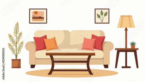 A modern living room with a beige sofa, wooden coffee table, indoor plants, and warm lighting. A cozy and stylish home interior design.