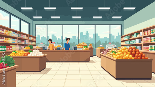 A bright and spacious supermarket interior with fresh fruits, vegetables, stocked shelves, and customers shopping in a well-organized grocery store.