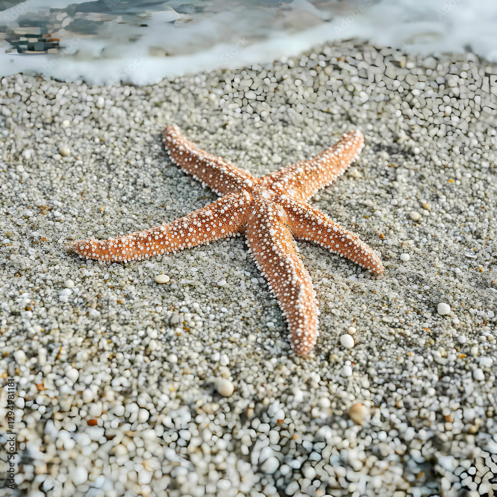Starfish resting on sandy beach by the shore during low tide, surrounded by small pebbles and gentle waves under daylight conditions Starfish resting on sandy beach by the shore during low tide, surrounded by small pebbles and gentle waves under daylight conditions