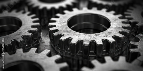 Minimalist Black and White Gears Illustration, Interlocking Cogs, Mechanical Design, Vector Icon, Soft Ambient Lighting, Centered Composition, Industrial Symbol