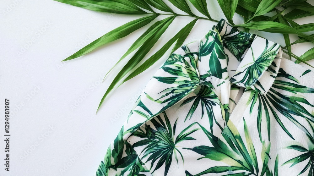 Fototapeta premium Tropical leaf print shirt on white background.