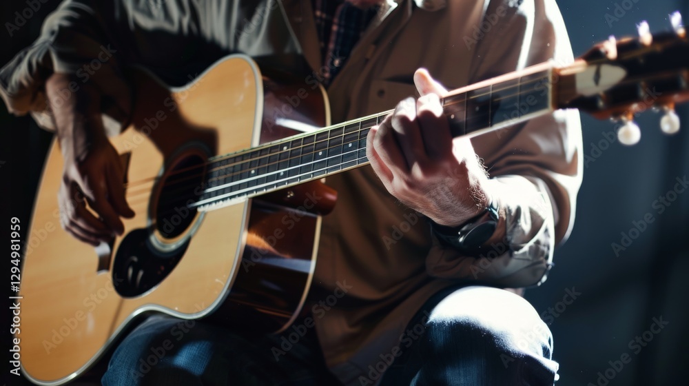 Obraz premium A musician strumming an acoustic guitar