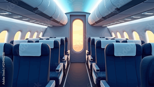 A modern airplane cabin with comfortable seats, perfect for travel, aviation, or transportation-related designs.