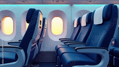A comfortable airplane cabin with blue seats and windows, perfect for transportation, aviation, and travel-related designs.