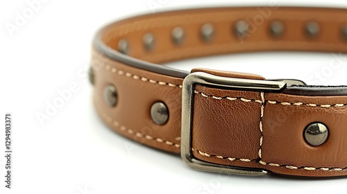 Close-up of a stylish brown leather dog collar with metal studs against a white background photo