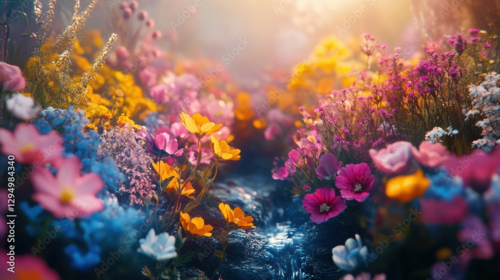 Obraz premium Beautiful colorful wild flowers in deep foggy forest with sun light in Spring.