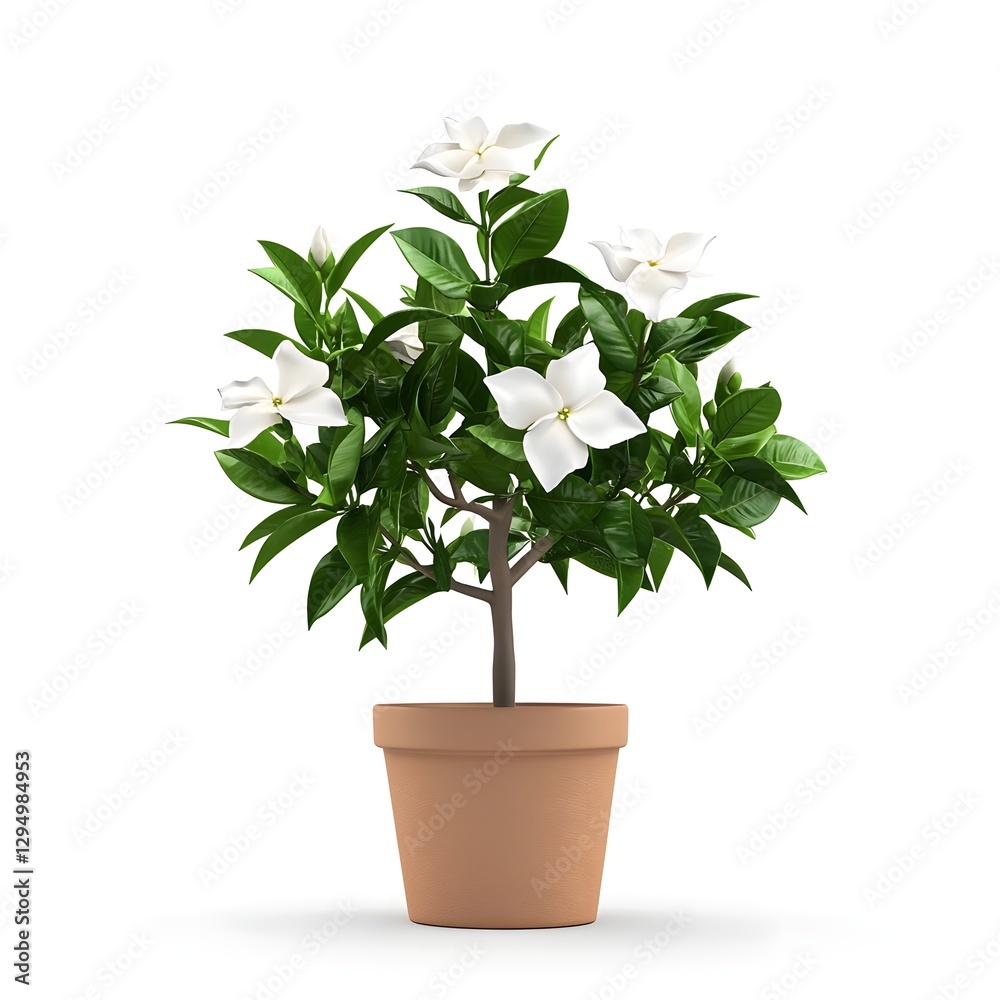 Fototapeta premium Potted Gardenia Plant with White Blossoms and Green Leaves